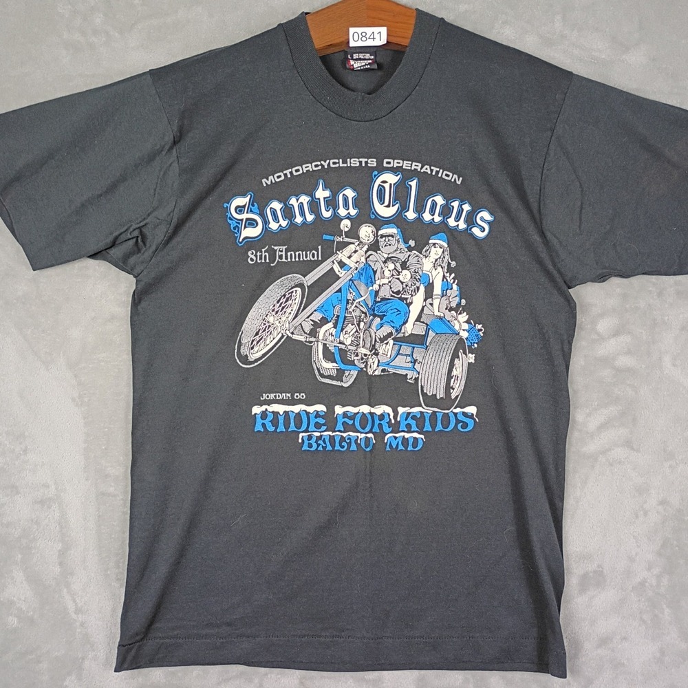 Screen Stars Best T-Shirt Mens Large Black Santa Claus Biker Ride For Kids 80s